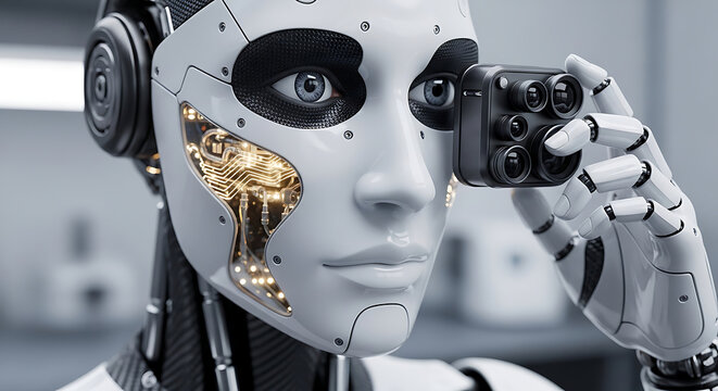 humanoid ai agent robot using an advanced multi-lens camera for enhanced machine vision in a futuristic research setting.