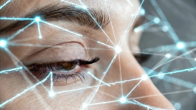 Human eye merged digital symbiosis concept. Close up of human eye with digital network connections and futuristic technology concept