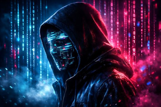 Mysterious Hooded Figure with Glowing Digital Mask and Binary Code
