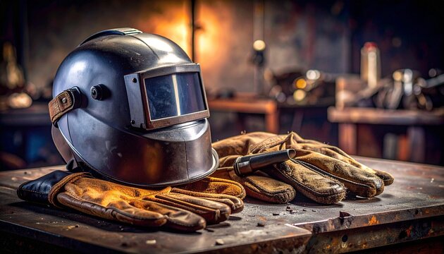 Welding safety equipment including helmet gloves and tools arranged on metal workbench
