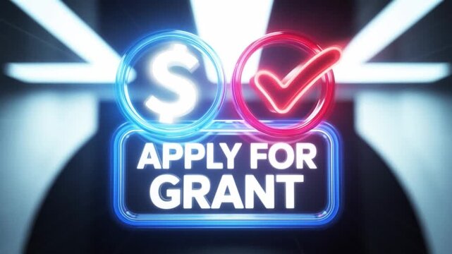 Grant Application Approval Concept with Neon Sign and Checkmark Icon
