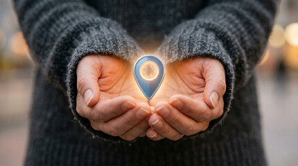Fototapeta premium Hands cupping glowing map pin symbolizing GPS navigation, location-based services, digital maps and guidance. Conceptual image for travel, mobile apps, business location, discovery, direction, safety