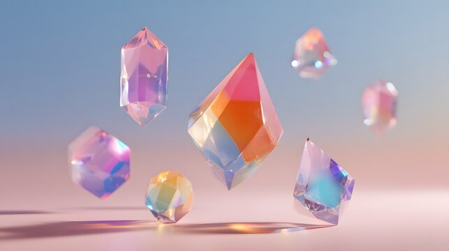 Abstract Geometric Crystals Floating in a Dreamy Pastel Gradient Background.