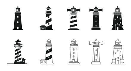 Fototapeta premium Collection of diverse lighthouse illustrations in a black and white style