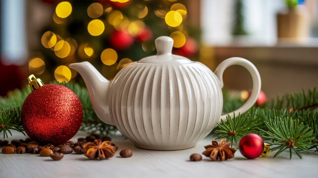 A festive holiday scene with a white teapot surrounded by Christmas decorations and spices on a table indoors.