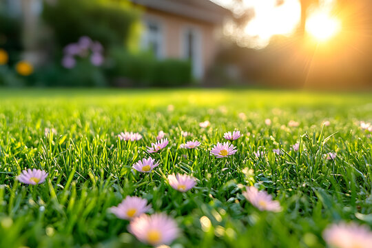 Spring Flowers in Sunlit Grass