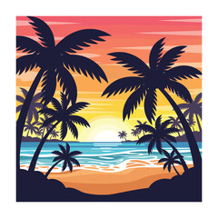 Obraz premium Vibrant tropical beach scene with palm trees at sunset