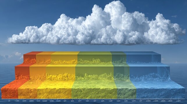 Stylized representation of atmospheric layers and weather phenomena with temperature gradients and clouds