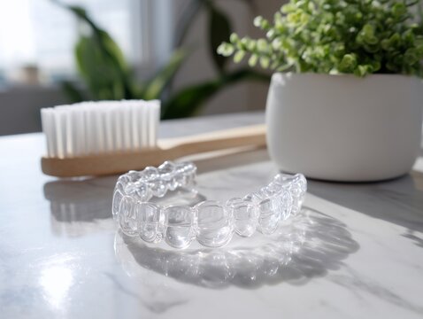 明るい窓際の室内で清潔な大理石のテーブルに置かれた歯科矯正用マウスピースと歯ブラシ