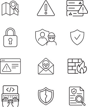 Security vector icon set, map location, warning sign, server error, padlock, hacker protection, secure shield, browser alert, malware email, firewall, coding, broken shield, document security