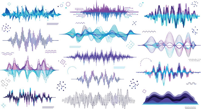 Vibrant Audio Waveforms Collection with Dynamic Sound Signals Abstract Frequency Lines and Music Visualization Elements Vector Illustration Set