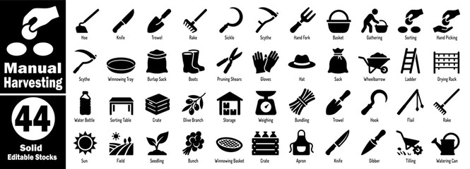 Fototapeta premium Manual harvesting solid icons set. Collection of editable stock graphics, showcasing farm work and crop gathering activities, vector illustration.