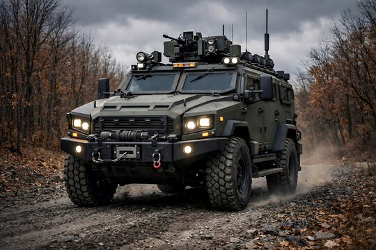 Armored Tactical Vehicle Driving on a Dusty Off road Path