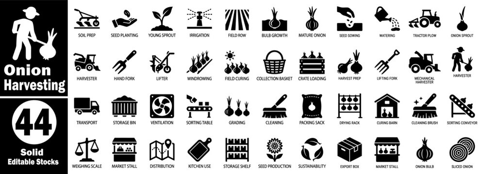 Onion harvesting solid icon. Collection showcasing forty-four black symbols for agriculture, including irrigation bulb growth, mechanical harvesters, and farm vector illustration.