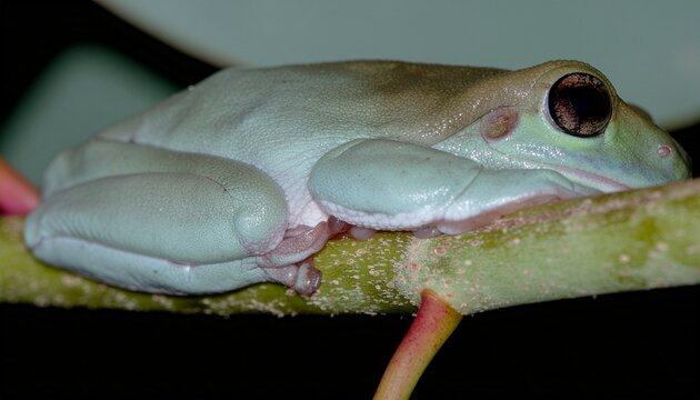 Close up of an Australian Green Tree Frog (Litoria caerulea) resting on a branch