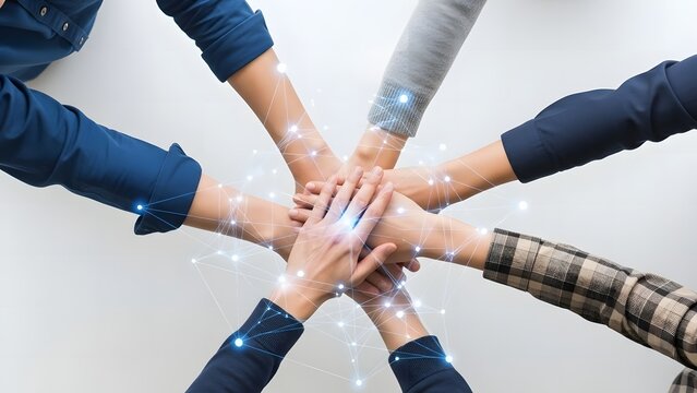 Diverse business team stacking hands with digital connection lines for success