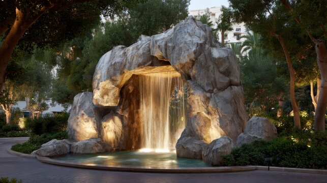 Illuminated artificial waterfall cascading over meticulously crafted rocks in a garden setting