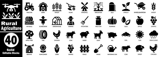 Rural agriculture black solid icons set. Farming and gardening glyph pictograms collection. tractor, barn, wheat, plow, windmill, irrigation, silo, sprout vector illustration. © Hafiz