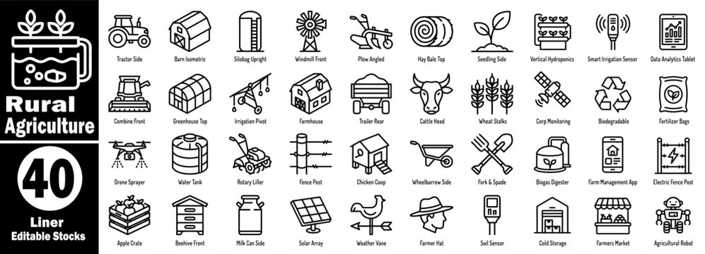 Rural agriculture linear editable stocks set. Displaying modern farm infrastructure, machinery, smart farming apps, and agricultural robotics in line art vector illustration.