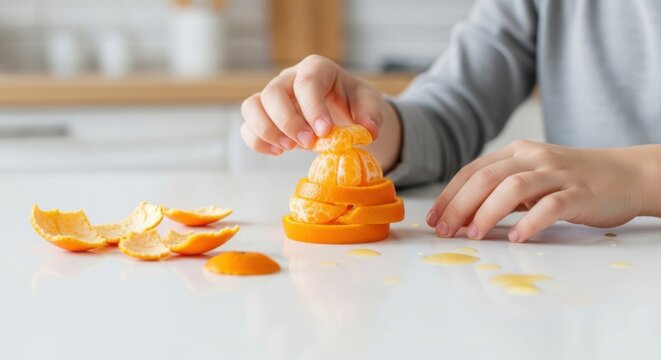 A child arranges orange slices on the kitchen counter while cooking.