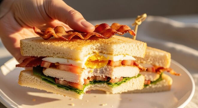 Delicious sandwich with bacon, lettuce, tomato, and egg held in hand  
