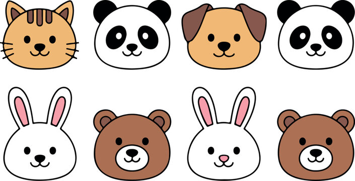 Cute kawaii animal head icon collection featuring cat panda dog rabbit and bear in flat and outline styles