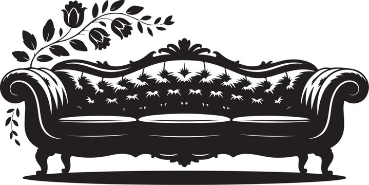 Black and white of ornate sofa with floral pattern and branch