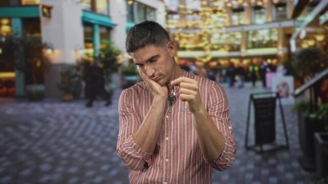 Man holding keys and hand on cheek for toothache in street shopping arcade wearing striped shirt; lost worry.