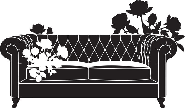Black and white sofa with floral pattern and roses