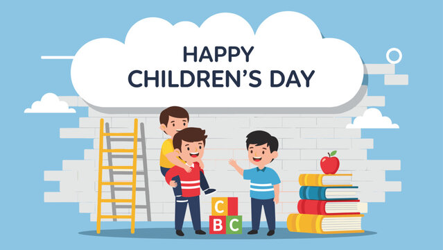 Three young boys celebrate Childrens Day by playing with alphabet blocks and reading books in front of a white brick wall.