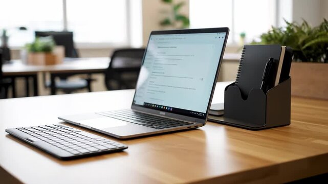 Modern Workspace Setup with Open Laptop External Keyboard and Device Dock on Wooden Desk in Bright Office Interior