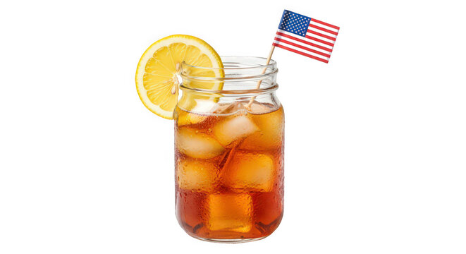 Iced tea in a mason jar with lemon slice and american flag on transparent background