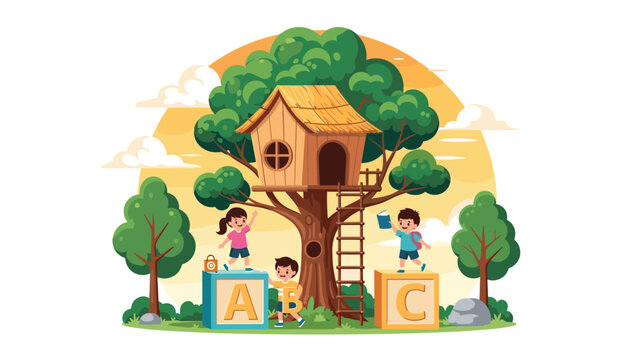 Group of creative children play with large alphabet blocks near a whimsical treehouse in a sunny green park.