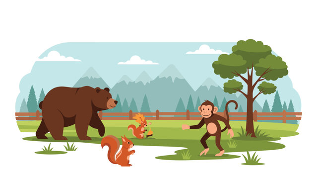Diverse group of animals including a bear a monkey and squirrels gather in a green field with mountains in the background.