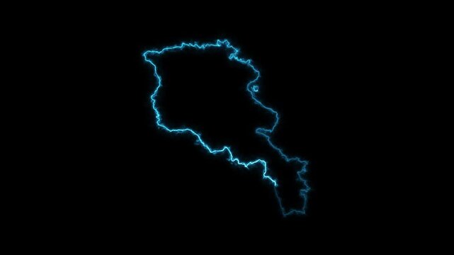 Abstract Neon Blue Glowing Electric Lightning Outline Animation of Armenia Country Map Black Background