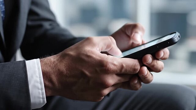 Close-up of businessman hands typing on smartphone, modern office, business communication