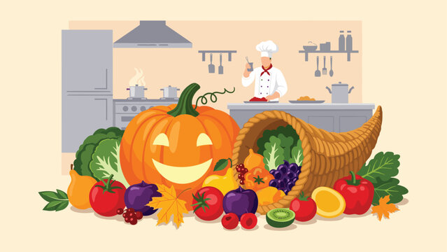 Professional chef prepares food in a kitchen behind a large cornocopia filled with colorful harvest vegetables and a pumpkin.