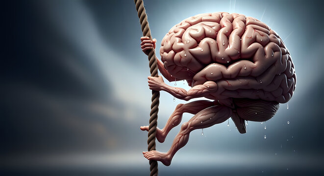 Brain climbing rope in moody atmosphere with holding on