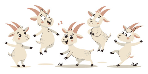 Naklejka premium Five cute cartoon goats in playful poses, standing and sitting, with simple rounded shapes and black outlines on a white background.