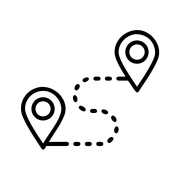 Two map pin location markers connected by dotted line for journey route travel plan