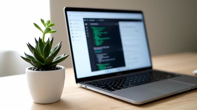Modern laptop displaying software development code next to a small succulent plant on a clean wooden desk surface