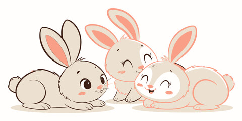 Obraz premium Three cute baby rabbits lying down in a playful arrangement, rendered in a charming cartoon vector style with soft, rounded features and cheerful