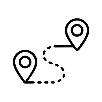 Route between two location pointers with a solid and dashed line, travel path illustration