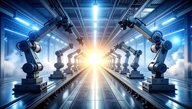 Futuristic image showcases automated factory. Robotic arms line tracks, bathed in cool blues and bright central light, implying progress and advanced technology