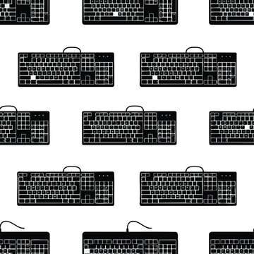 Black computer keyboards on a white background, creating a repetitive pattern