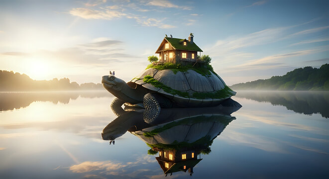 House on turtle back in calm lake at sunrise with a small, illuminated house