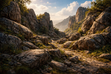 Obraz premium Breathtaking rocky landscape with mountains and lush vegetation under a cloudy sky.