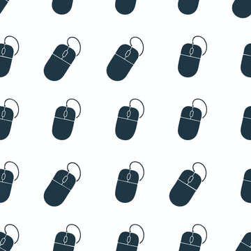 Repeating pattern of dark blue computer mice with cords on a white background