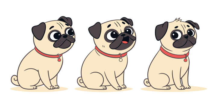Cute pug cartoon vector set featuring three different adorable pugs with unique expressions and poses, perfect for playful designs.