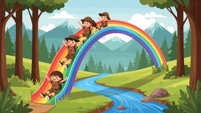 Group of young scouts slides down a magical rainbow that arcs over a blue river in a stunning mountain forest landscape under a blue sky.